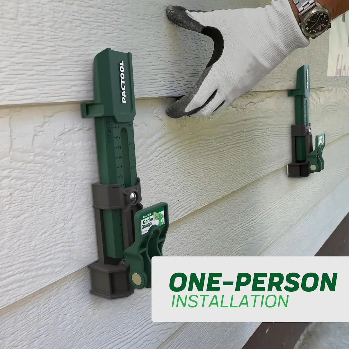 Hand using a green PACTOOL to install siding on a wall with 'ONE-PERSON INSTALLATION' text.