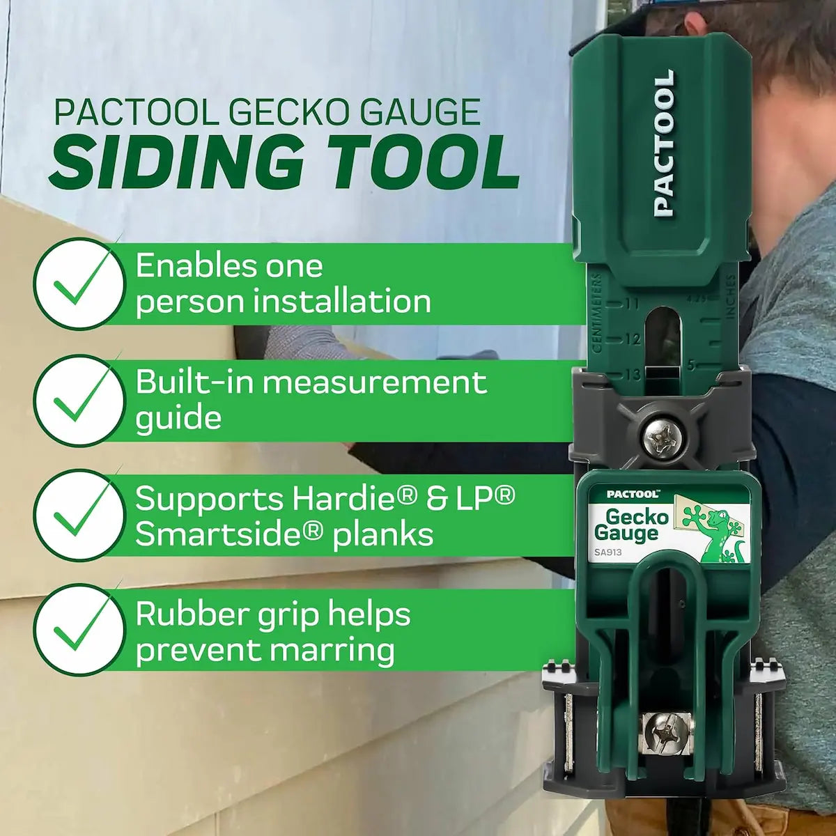 Pactool Gecko Gauge siding tool with features listed on a white background