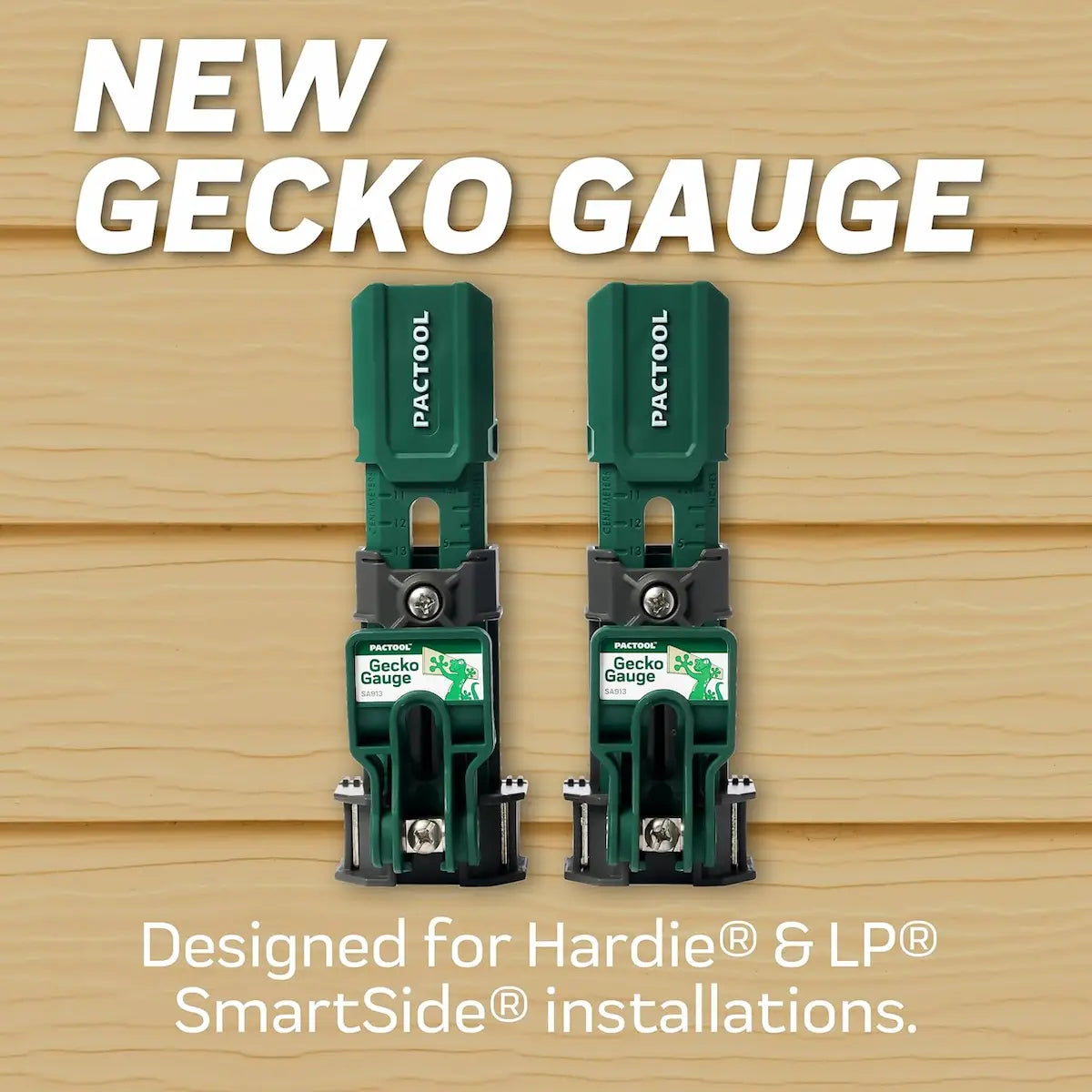 Two green Gecko Gauge tools on a wooden background with text about Hardie & LP SmartSide installations.